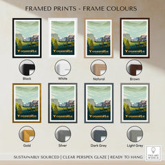 Yosemite National Park travel poster print with eight frame color options including black, white, natural, brown, gold, silver, dark grey, and light grey.
