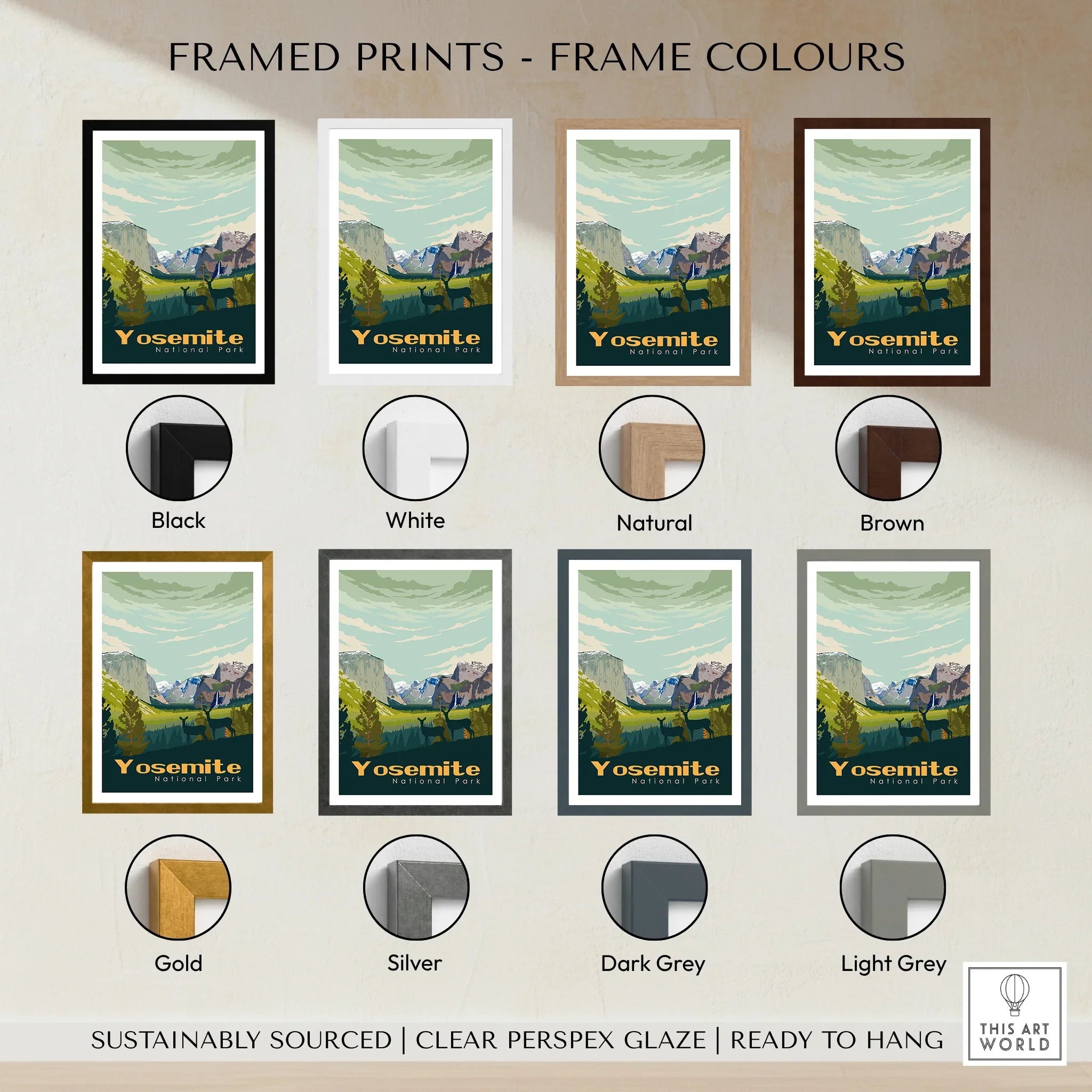 Yosemite National Park travel poster print with eight frame color options including black, white, natural, brown, gold, silver, dark grey, and light grey.