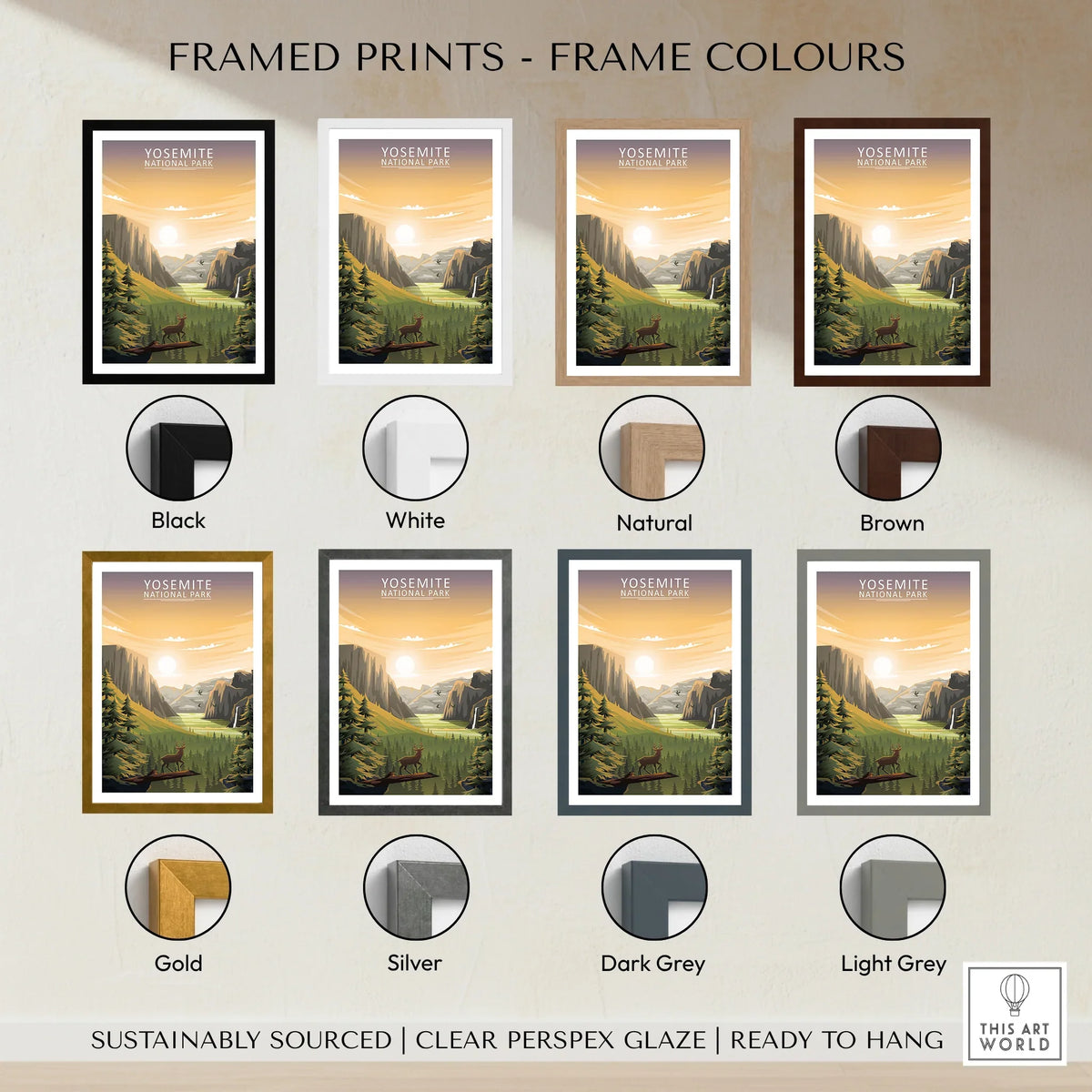 Yosemite National Park framed print with eight frame color options, travel wall art decor.