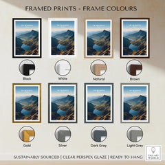 Framed Yr Wyddfa travel print in eight frame colours, mountain landscape wall art options