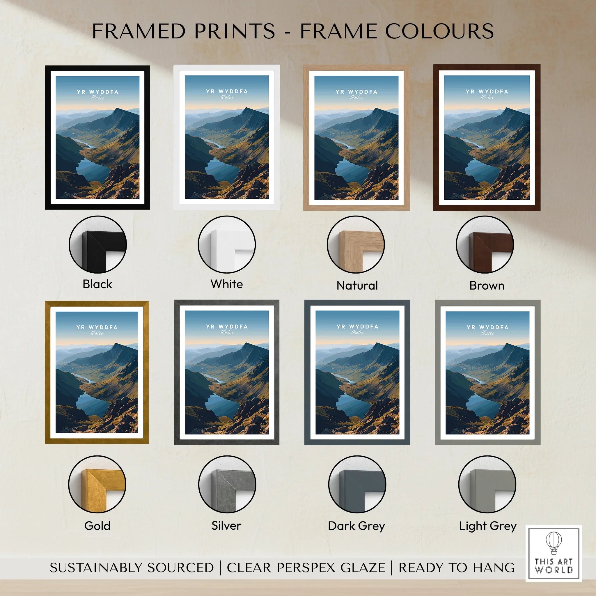 Framed Yr Wyddfa travel print in eight frame colours, mountain landscape wall art options