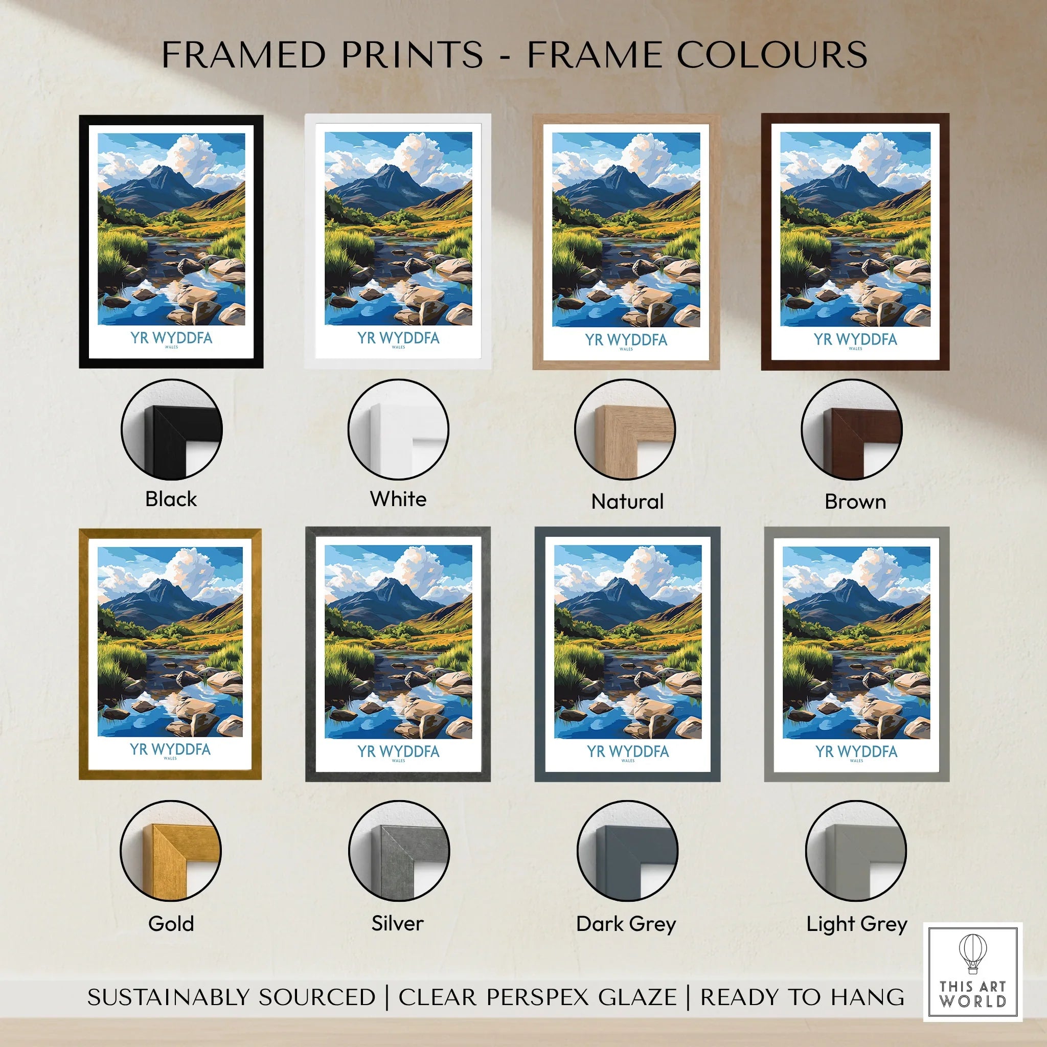 Yr Wyddfa travel print with mountain landscape in seven frame colour options: black, white, natural, brown, gold, silver, dark grey, and light grey.