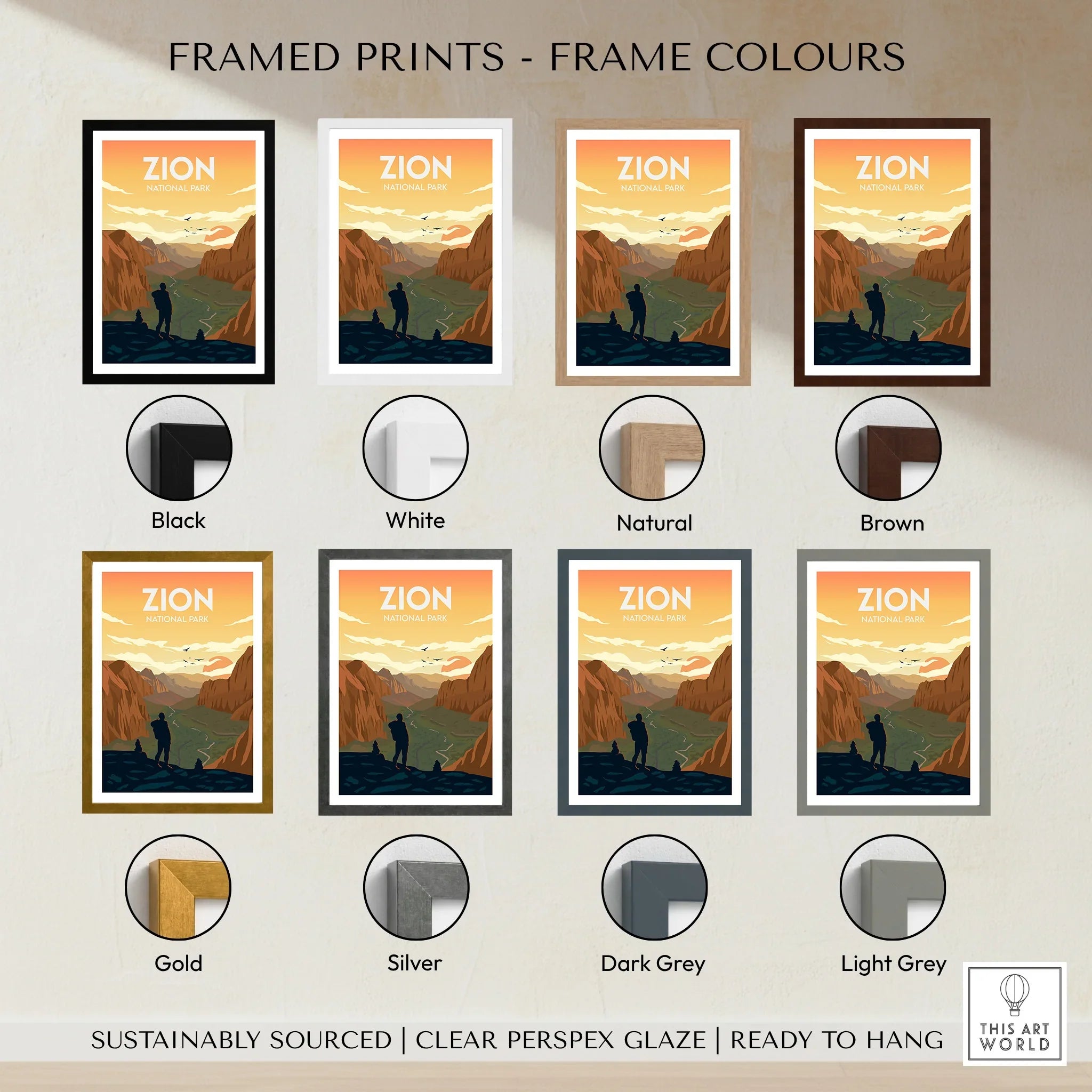 Zion National Park travel poster print with eight frame color options, hiker in canyon landscape.