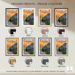 Zion National Park travel poster framed print with eight frame color options, wall art decor