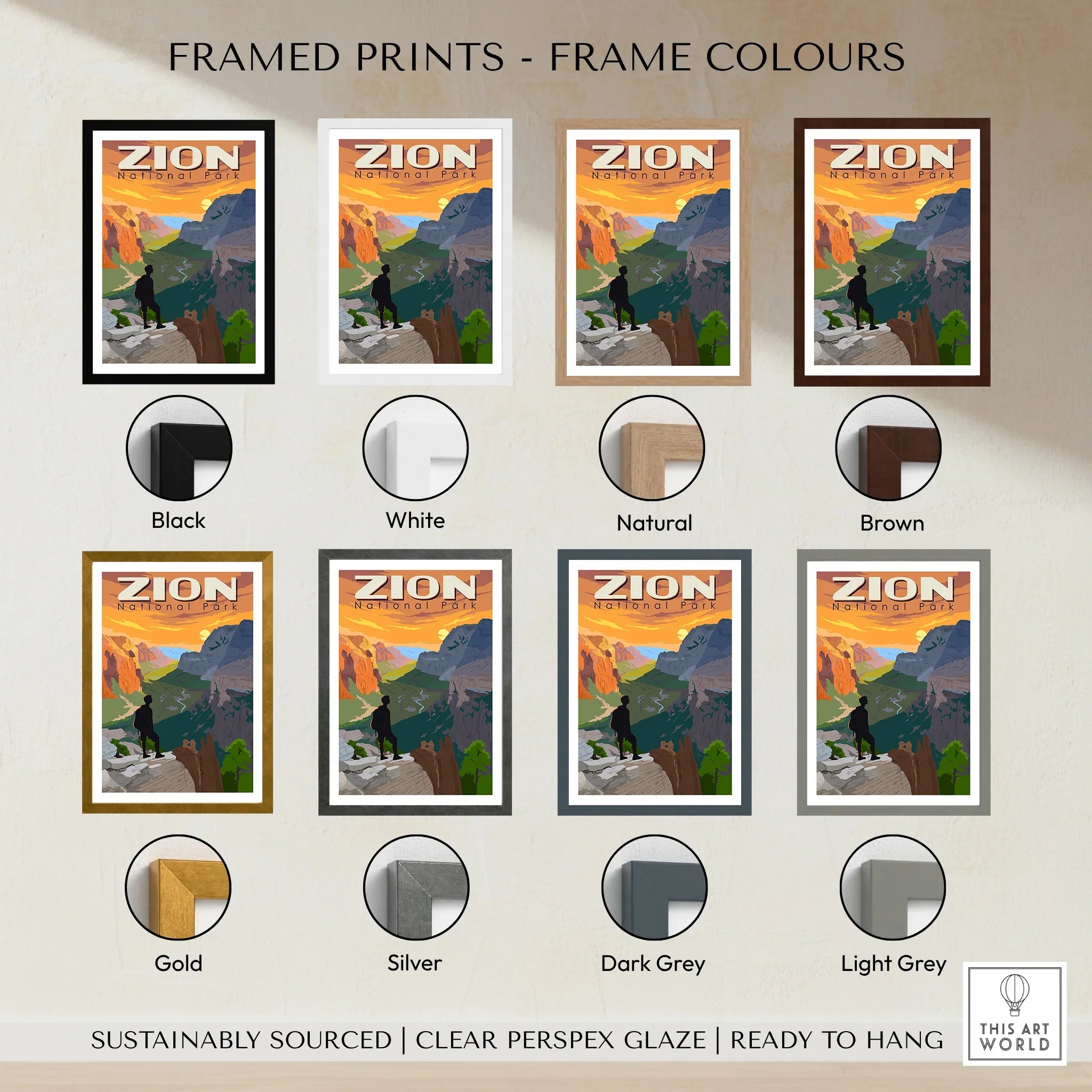 Zion National Park travel poster framed print with eight frame color options, wall art decor