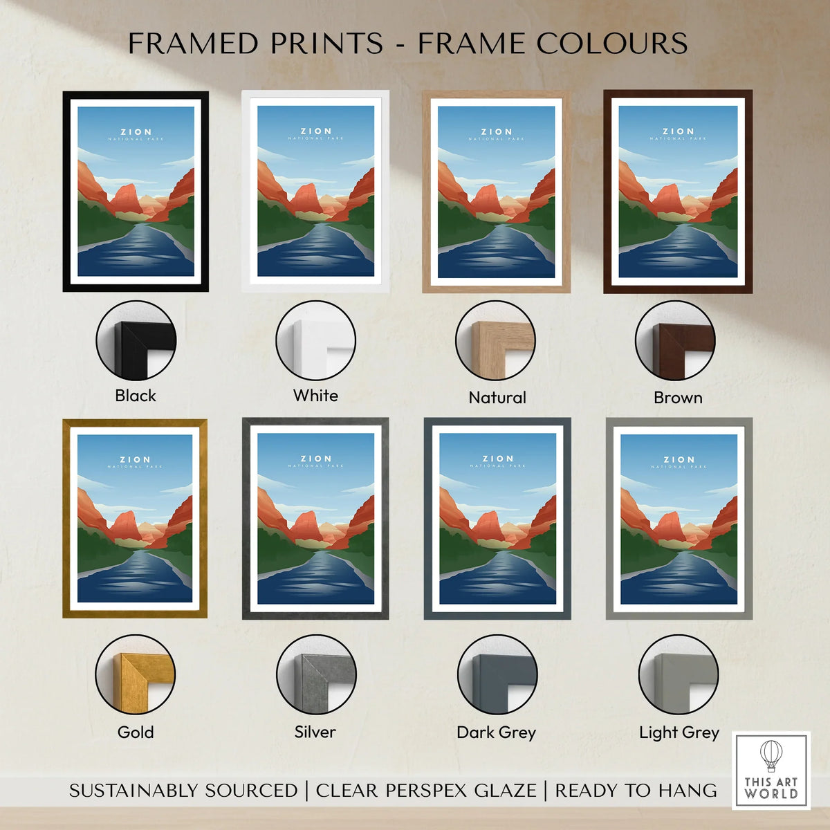 Framed Zion National Park print with eight frame color options, ideal wall art decor.