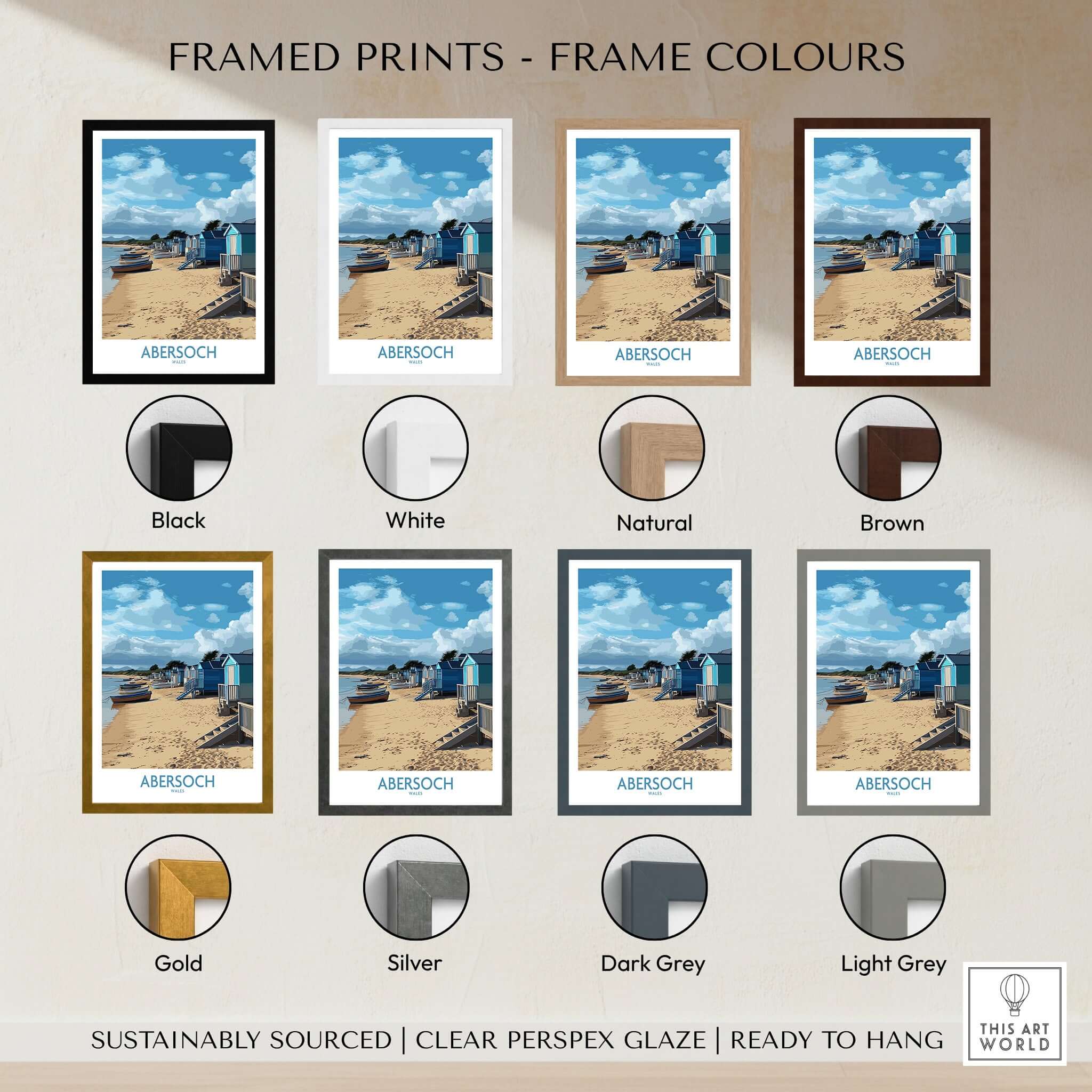 Abersoch Wales Beach Huts Art Print | Coastal Boats Wall Decor Poster in various frame colors options