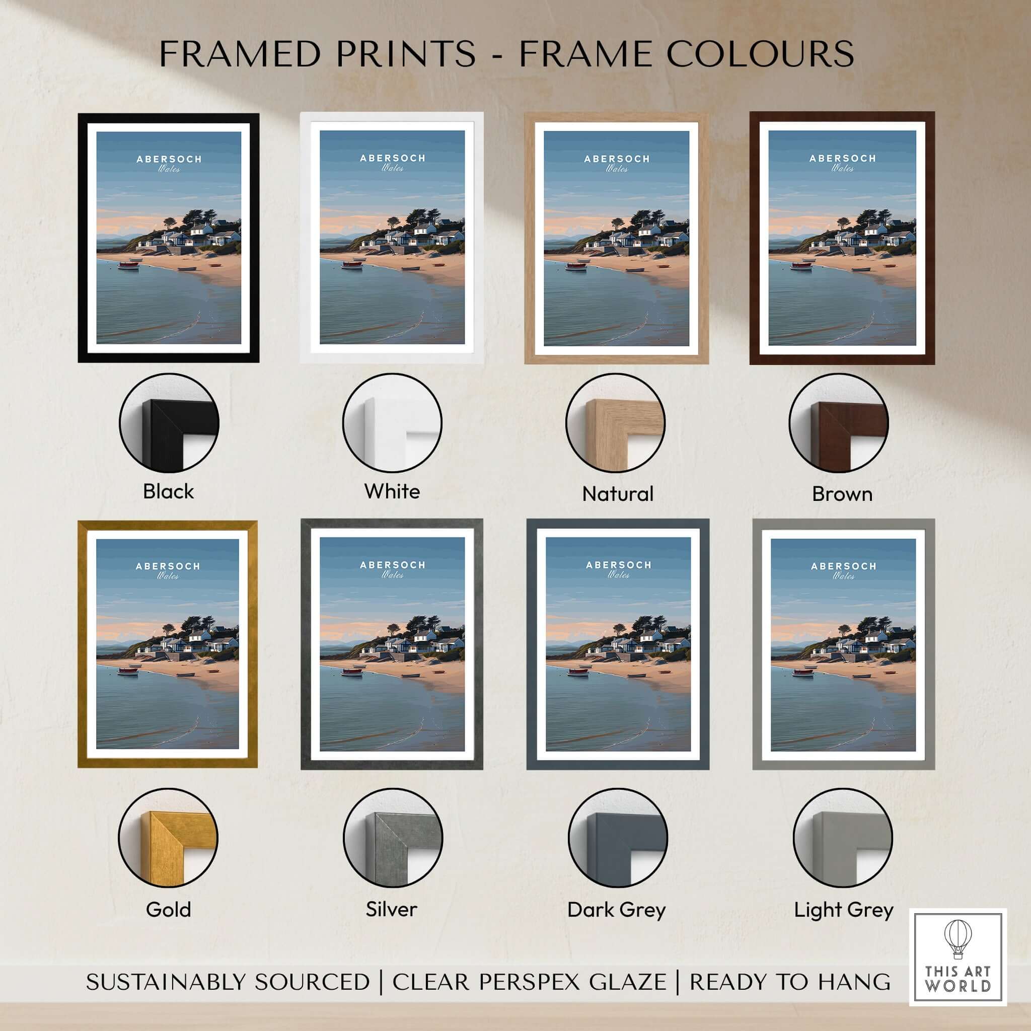 Framed prints of Abersoch Llyn Peninsula Shoreline View Canvas Print in various frame colors including black, white, and natural.