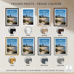 Framed prints color options including Black, White, Natural, Brown, Gold, Silver, Dark Grey, and Light Grey for Abersoch Llyn Peninsula Boating Scene Canvas Print | Welsh Seaside Home Decor.