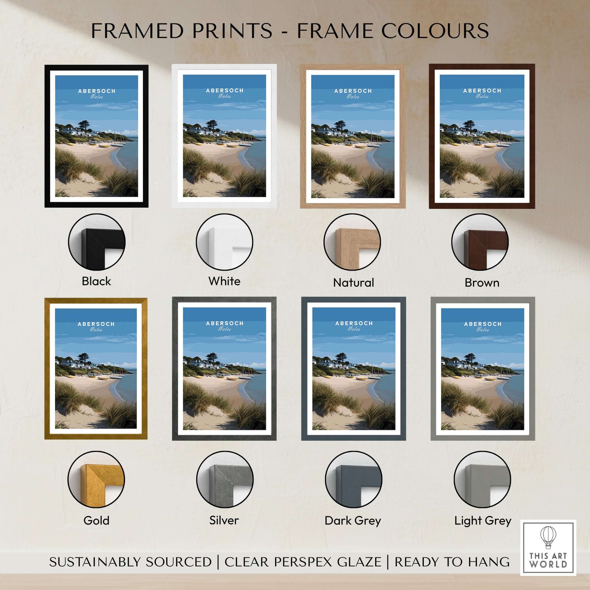 Framed prints color options including Black, White, Natural, Brown, Gold, Silver, Dark Grey, and Light Grey for Abersoch Llyn Peninsula Boating Scene Canvas Print | Welsh Seaside Home Decor.