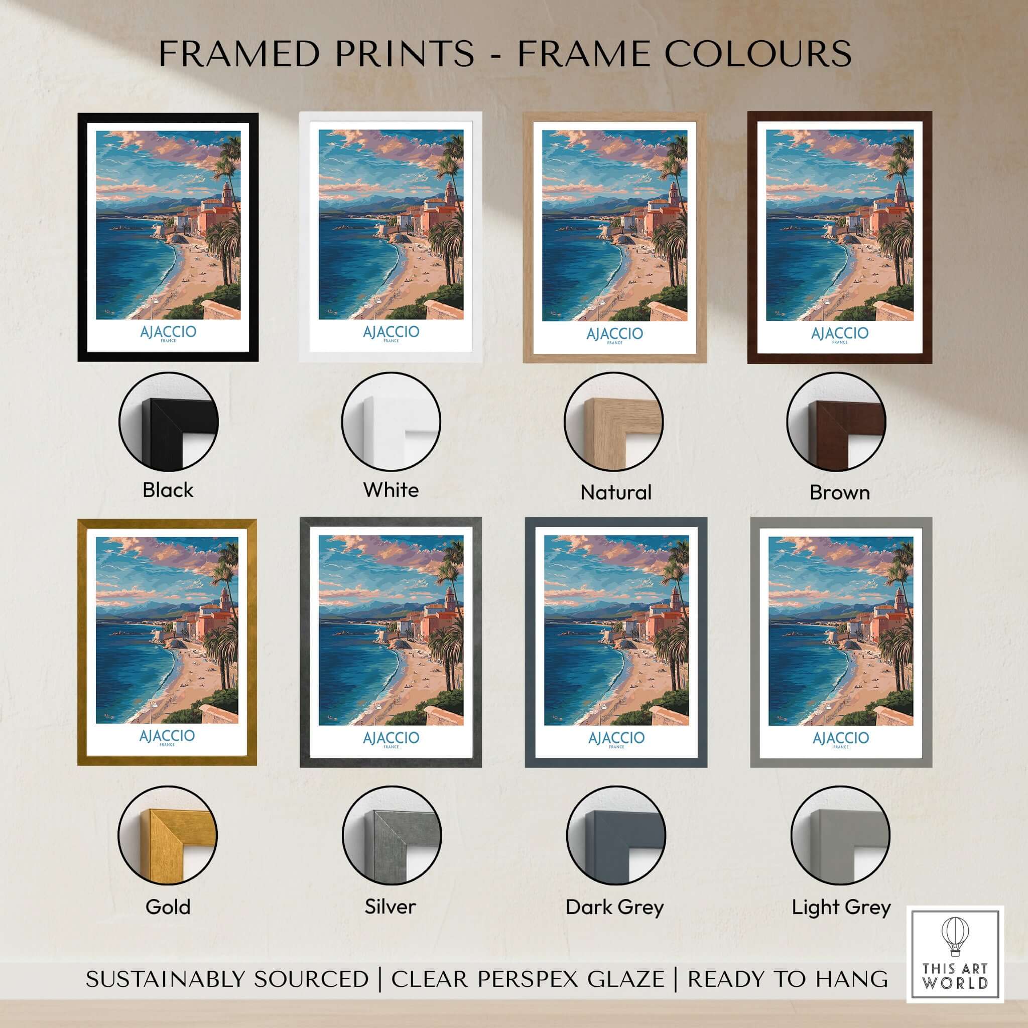 Ajaccio France Coastal Beach Art Print | Corsica Sunset City Poster framed print colour options including Black, White, Natural, Brown, Gold, Silver, Dark Grey, Light Grey.