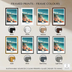 Albania Art Print | Beach Poster displayed in various frame colors including black, white, natural, brown, gold, silver, dark grey, and light grey.