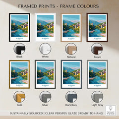 Albania Historic Stone Bridge Art Print | Mountain River Landscape Poster framed in various colors display.
