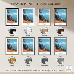 Albania Snow Mountain Church Art Print | Historic Monastery Landscape Poster with frame color options including black, white, natural, brown, gold, silver, dark grey, and light grey.