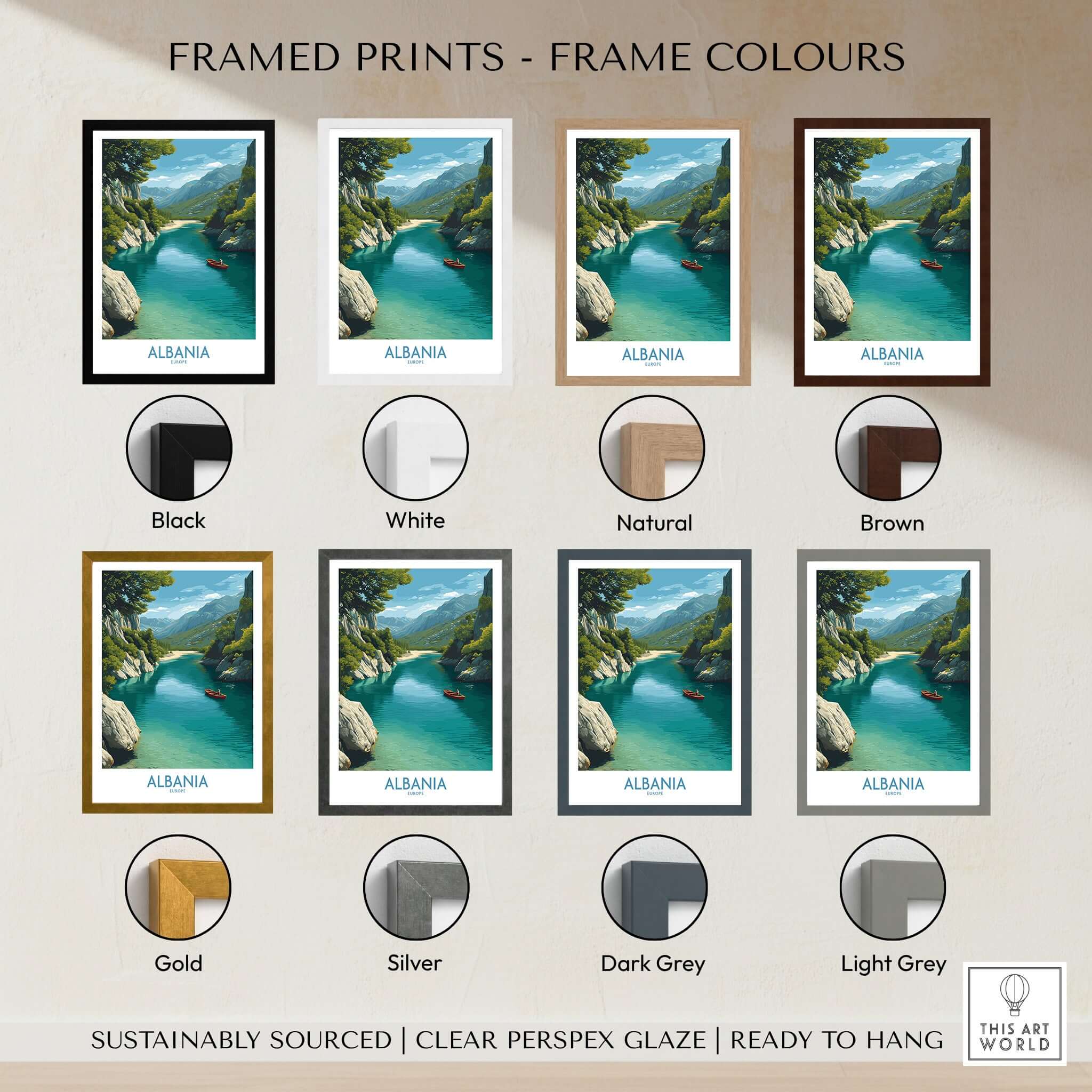 Albania Canvas Print | Framed and Unframed Travel Wall Decor showcasing frame color options.