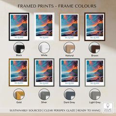 Big Island Hawaii Sunset Beach Art Print | Tropical Palm Tree Poster framed in various colors including black, white, and natural.