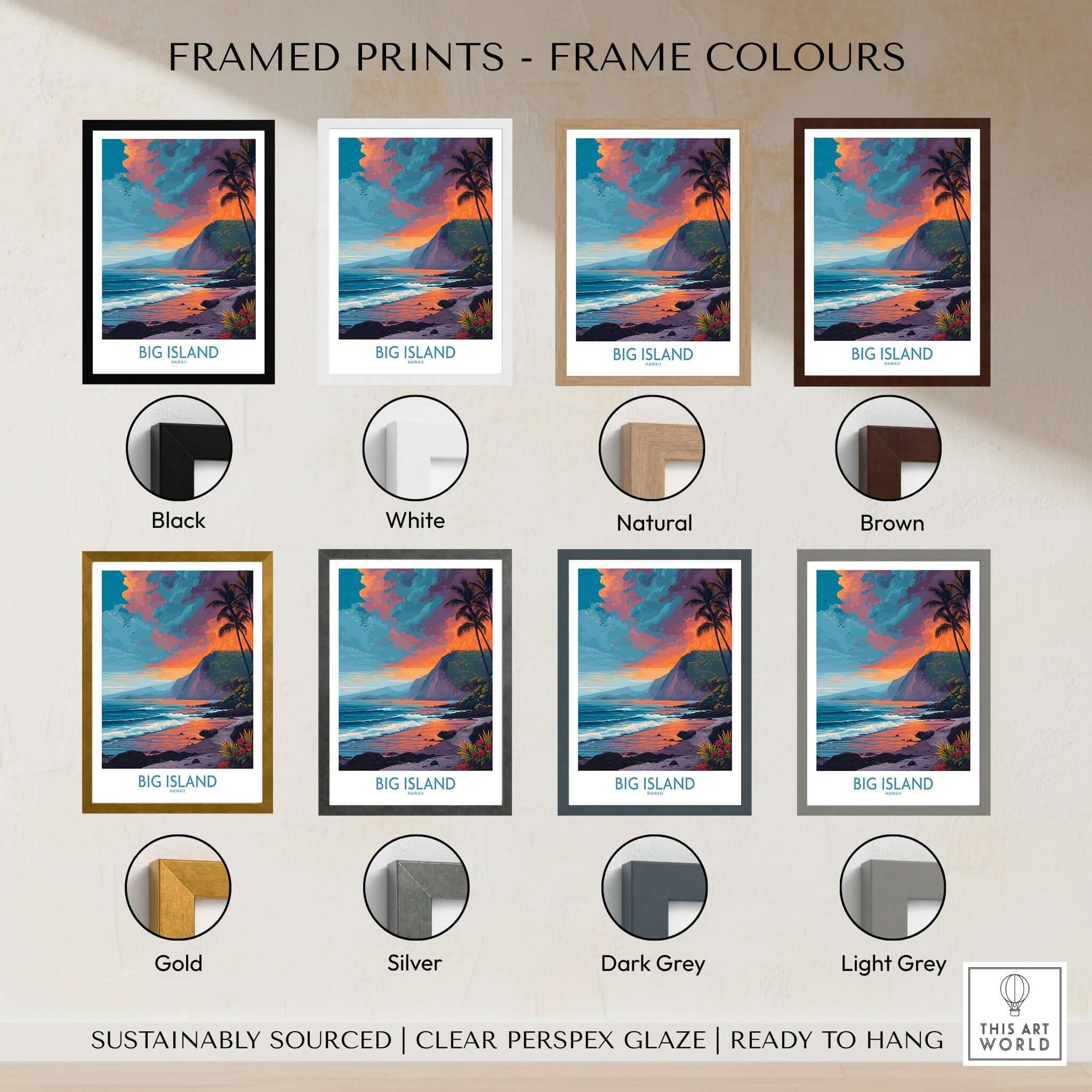 Big Island Hawaii Sunset Beach Art Print | Tropical Palm Tree Poster framed in various colors including black, white, and natural.