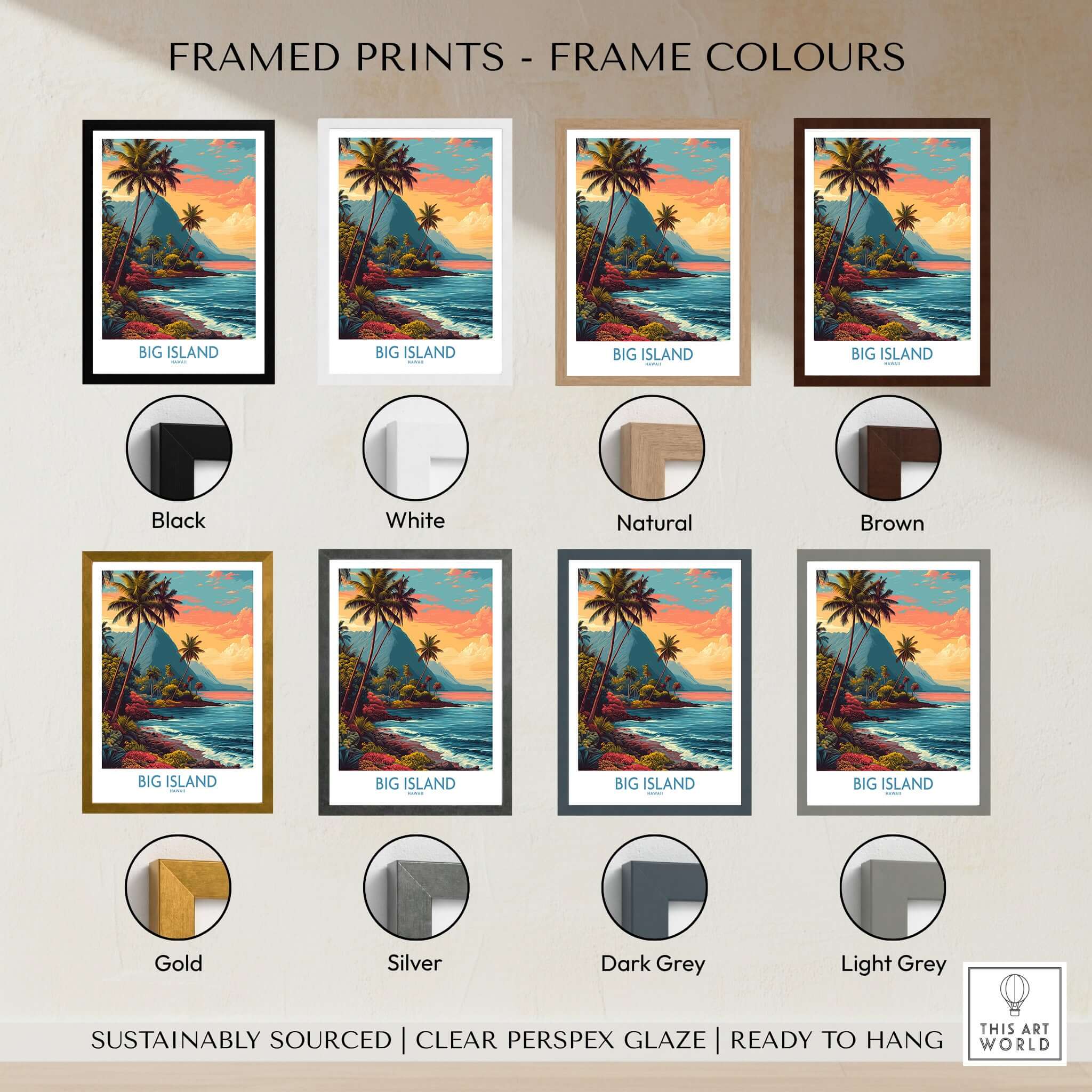 Framed options for Big Island Hawaii Tropical Beach Art Print | Lush Green Coast Poster in various frame colors.