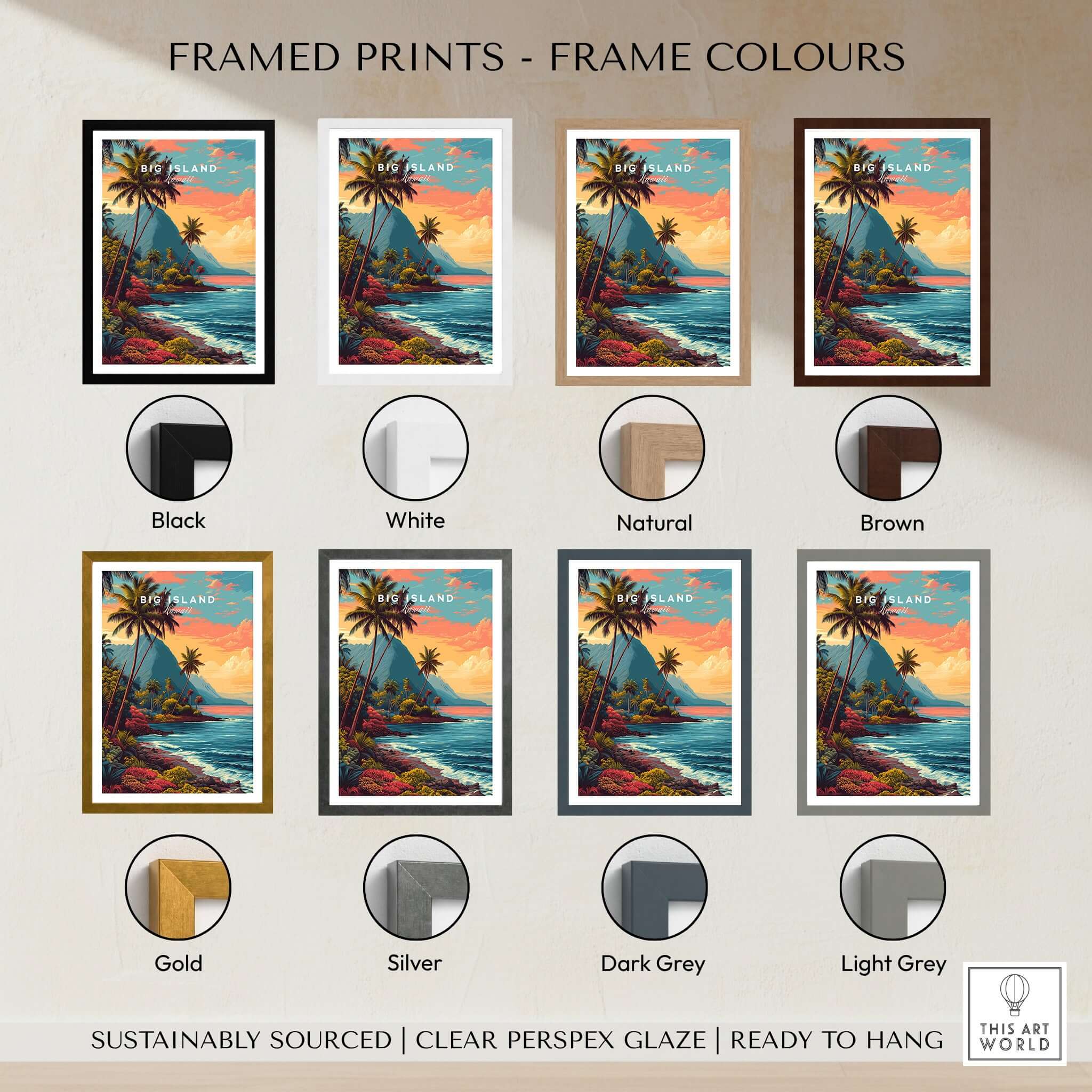 Framed prints color options for Big Island Hawaii Kona Coast Canvas Art Print | Vibrant Hawaiian Wall Art.