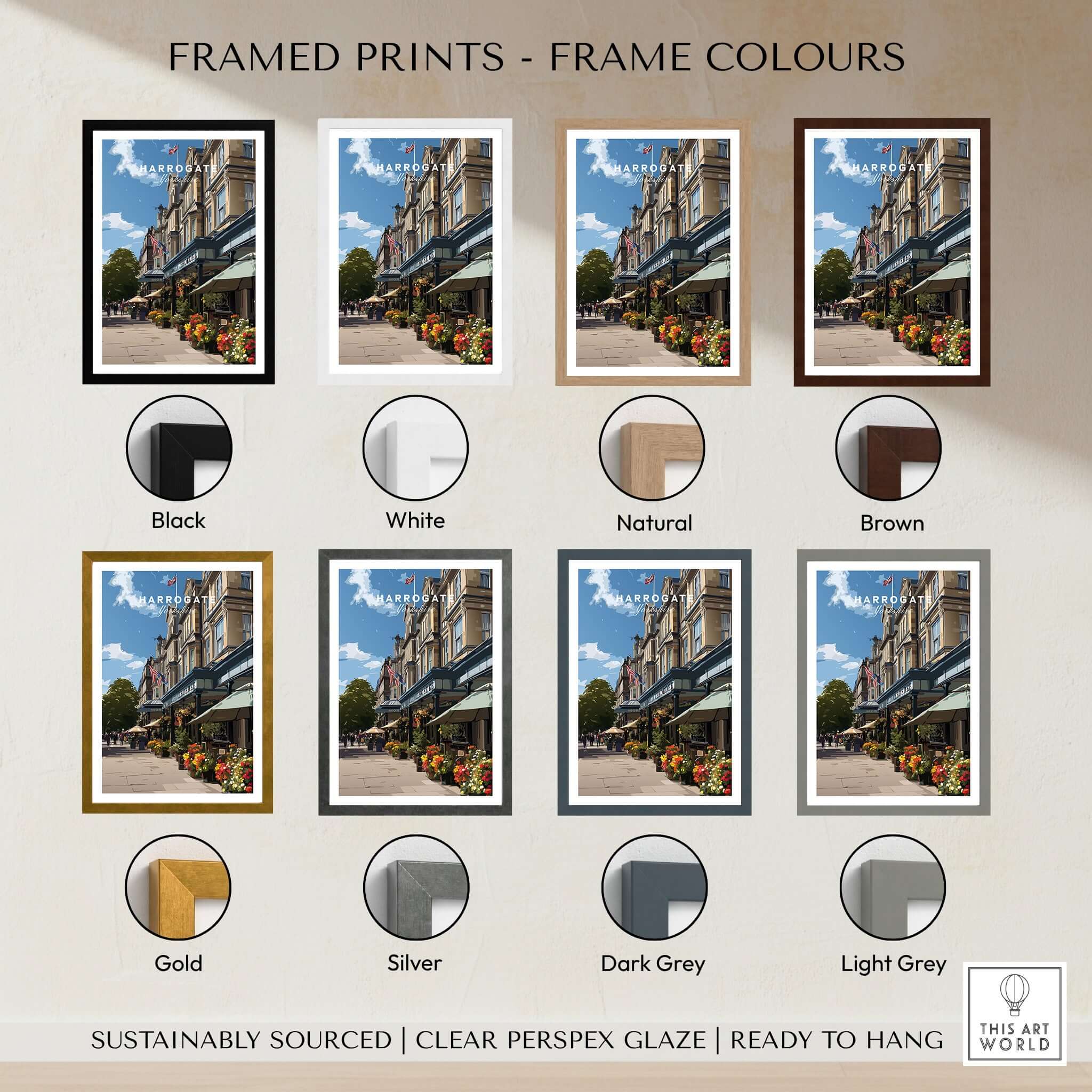 Harrogate Street View Print | Yorkshire Home Decor framed print options in various colors including black, white, natural, brown, gold, silver, dark grey, light grey.
