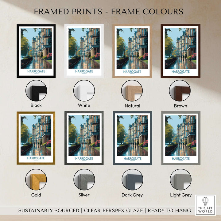Framed prints showcasing various frame colors for Harrogate Yorkshire Victorian Terrace Art Print | Rainy Street Poster.