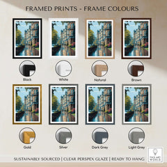 Framed prints showcasing various frame colors for Harrogate Classic British Town Scene Print | English Architecture Wall Art.