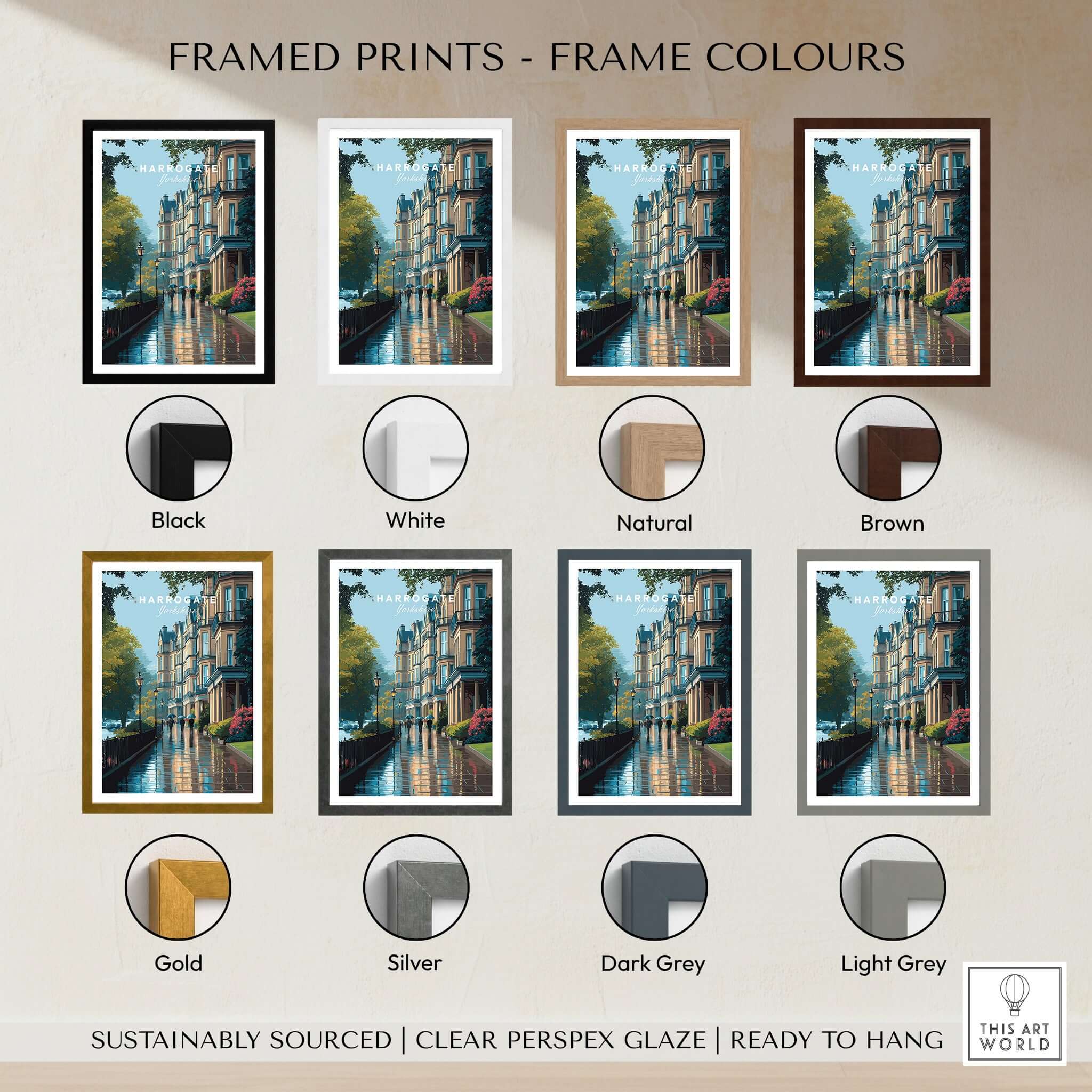 Framed prints showcasing various frame colors for Harrogate Classic British Town Scene Print | English Architecture Wall Art.
