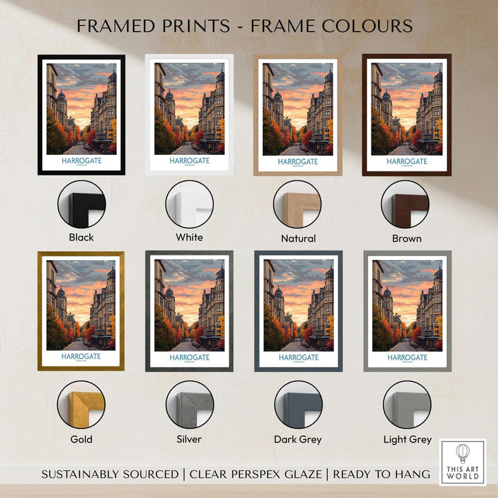 Harrogate Yorkshire Autumn Street Art Print | Sunset Avenue Poster framed print color options display.