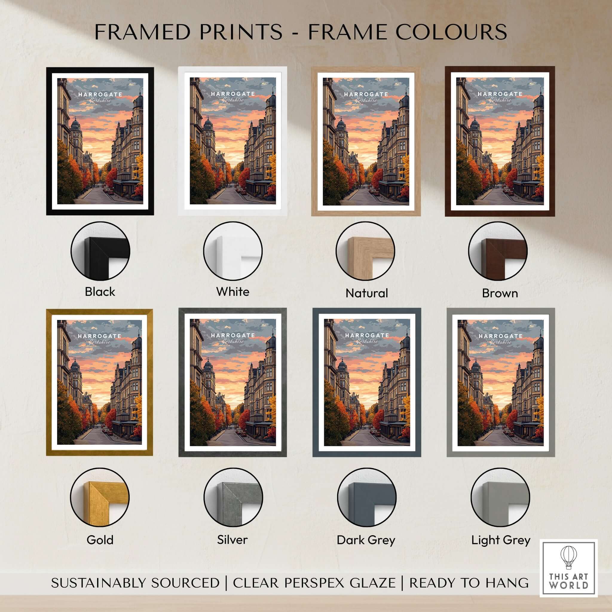 Harrogate Print | English Travel Wall Decor options displayed in various frame colors including Black, White, Gold, and Silver.