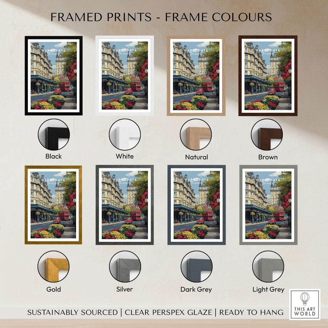 Framed prints showcasing various frame colours including Black, White, Natural, Brown, Gold, Silver, Dark Grey, Light Grey.