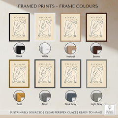 Framed prints color options for Picasso Contorted Figure Abstract Pose Line Art Modern Gallery Poster Wall Art.