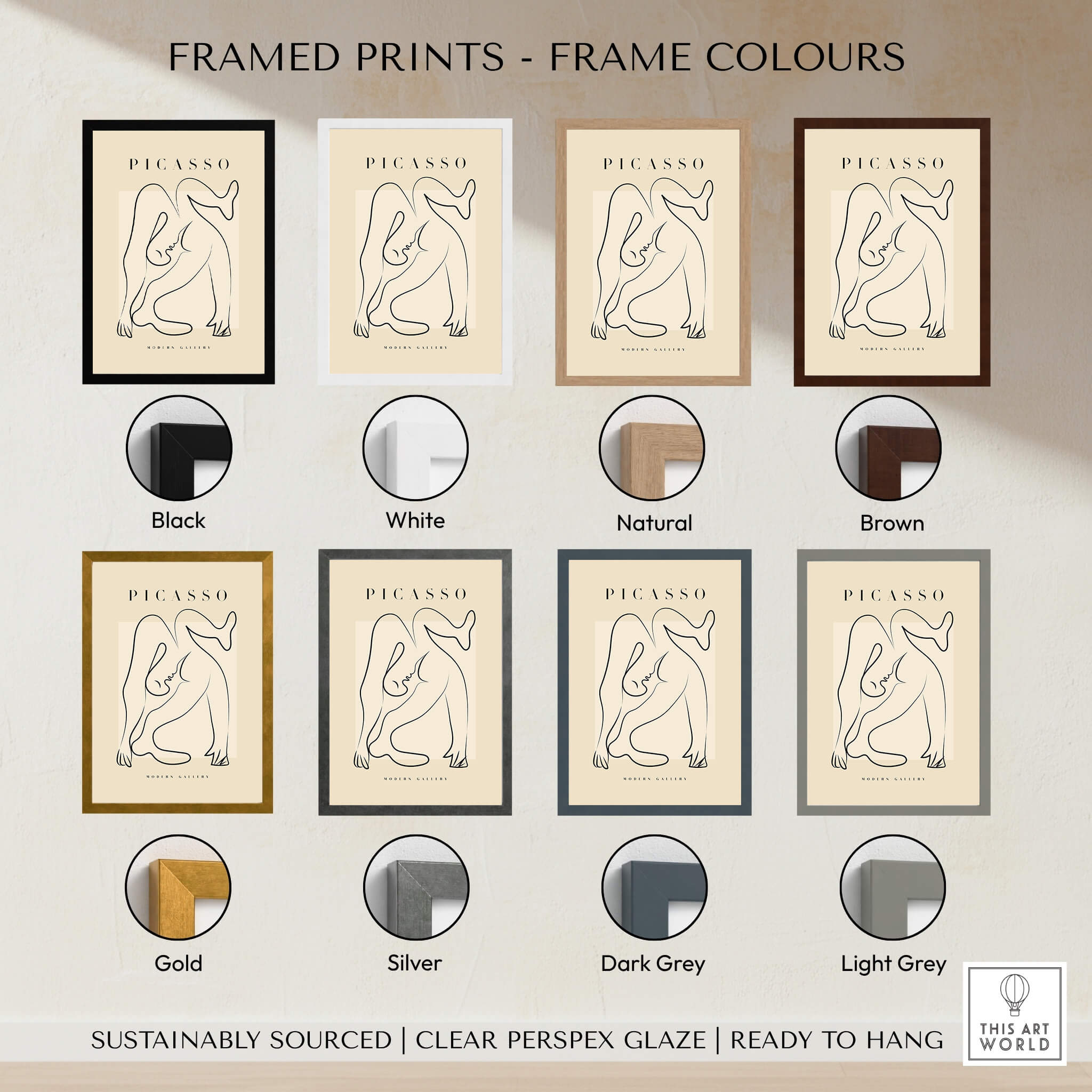 Framed prints color options for Picasso Contorted Figure Abstract Pose Line Art Modern Gallery Poster Wall Art.