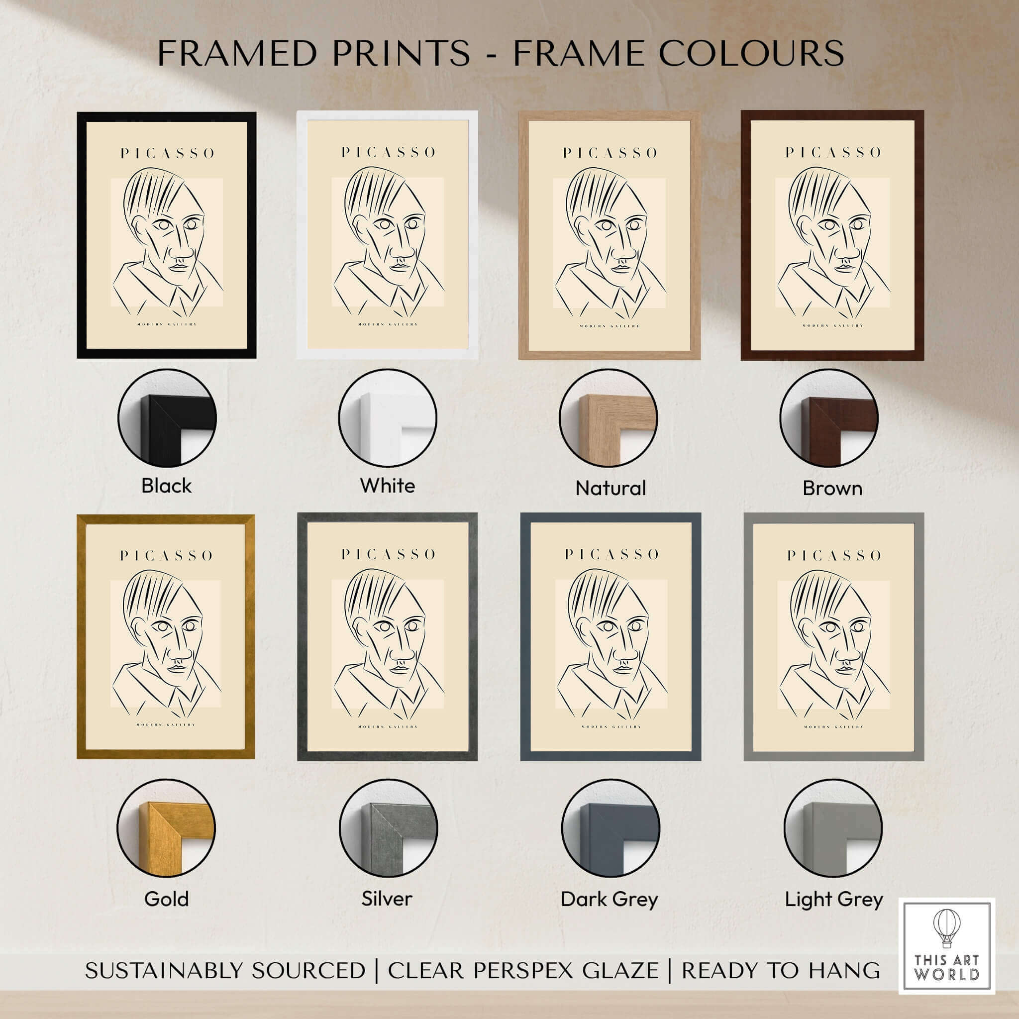 Framed prints showcasing frame colors for Picasso Man Portrait Sharp Lines Abstract Face Poster Modern Gallery Print Wall Art