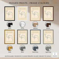 Framed prints in various colors with Picasso Camel Line Art Minimalist Animal Poster Modern Gallery Print Wall Art