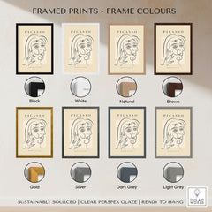 Framed prints showcasing frame colors for Picasso Face Profile Abstract Woman Line Art Modern Gallery Poster Wall Art.