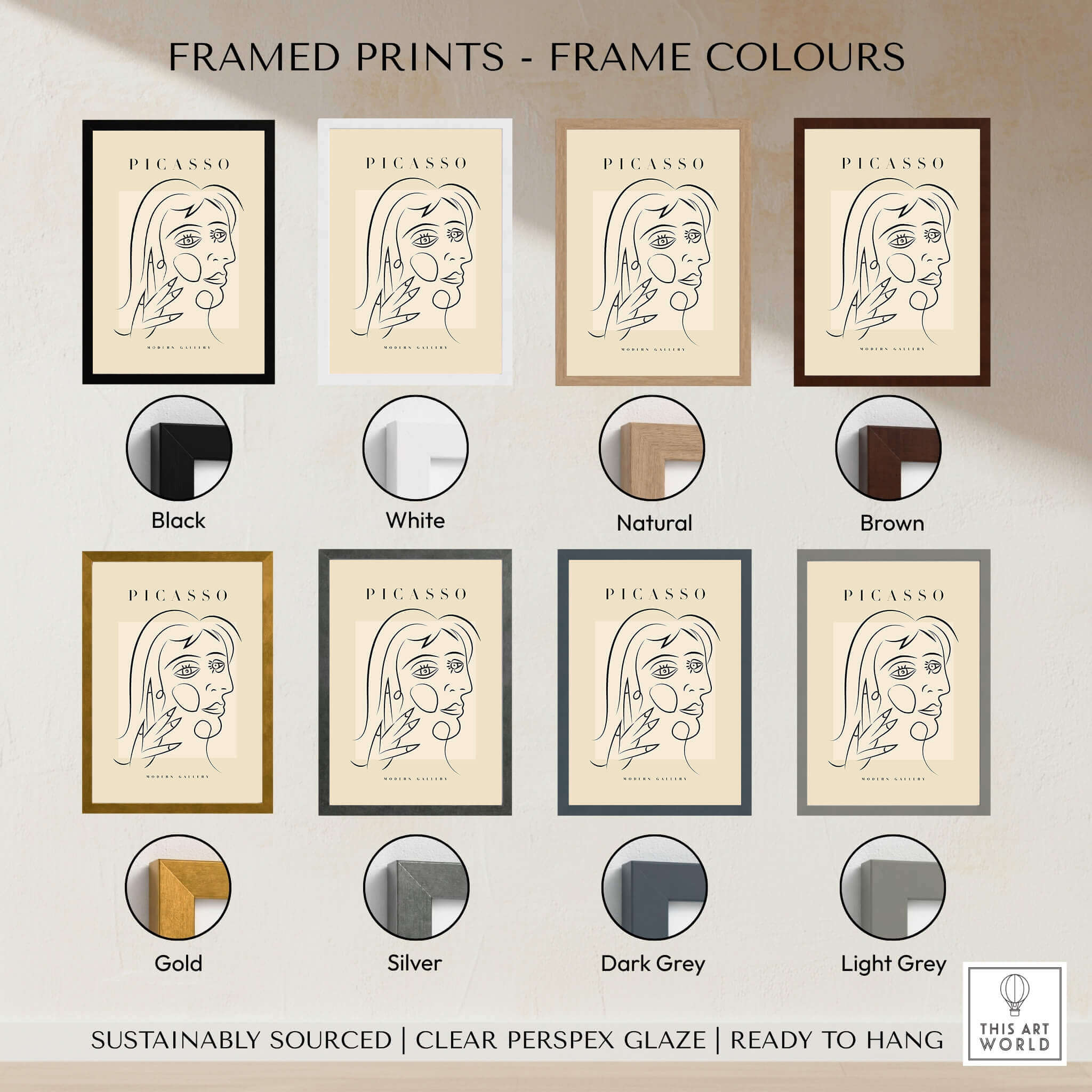 Framed prints showcasing frame colors for Picasso Face Profile Abstract Woman Line Art Modern Gallery Poster Wall Art.
