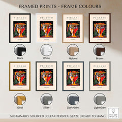 Picasso Woman in Hat Red Yellow Face Portrait Poster Colorful Abstract Artwork Print framed print color options display.