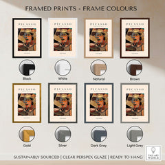 Framed prints showcasing colours: Black, White, Natural, Brown, Gold, Silver, Dark Grey, Light Grey for Picasso artwork.