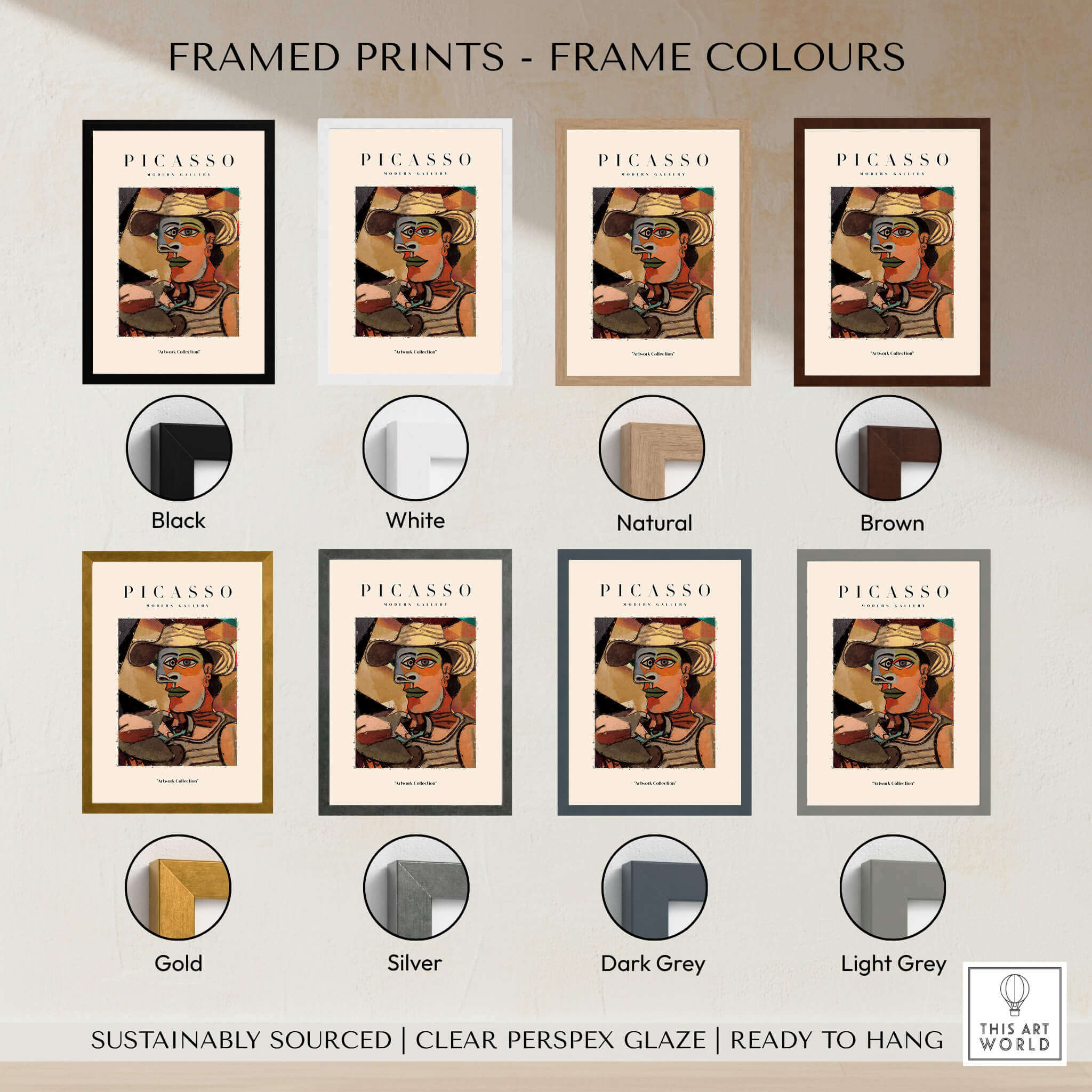Framed prints showcasing colours: Black, White, Natural, Brown, Gold, Silver, Dark Grey, Light Grey for Picasso artwork.