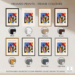 Framed prints of Picasso Geometric Face Abstract Art Print in various frame colors including black, white, natural, brown, gold, silver, dark grey, and light grey.