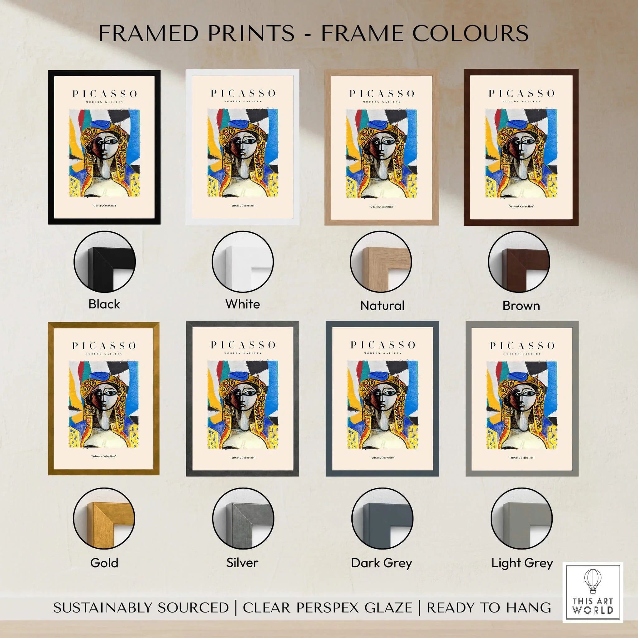 Framed prints of Picasso Abstract Face Portrait Poster Colorful Abstract Artwork Print Modern Gallery in various frame colors.