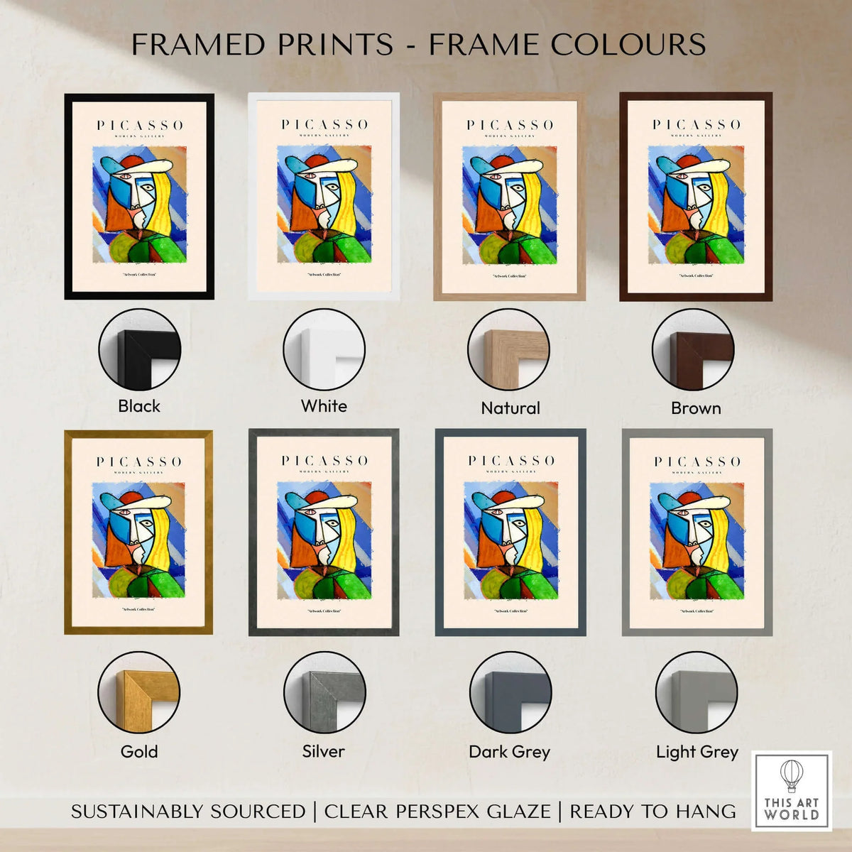 Framed prints colour options for Picasso Woman Hat Abstract Portrait Print Colorful Cubist Poster Artwork Collection