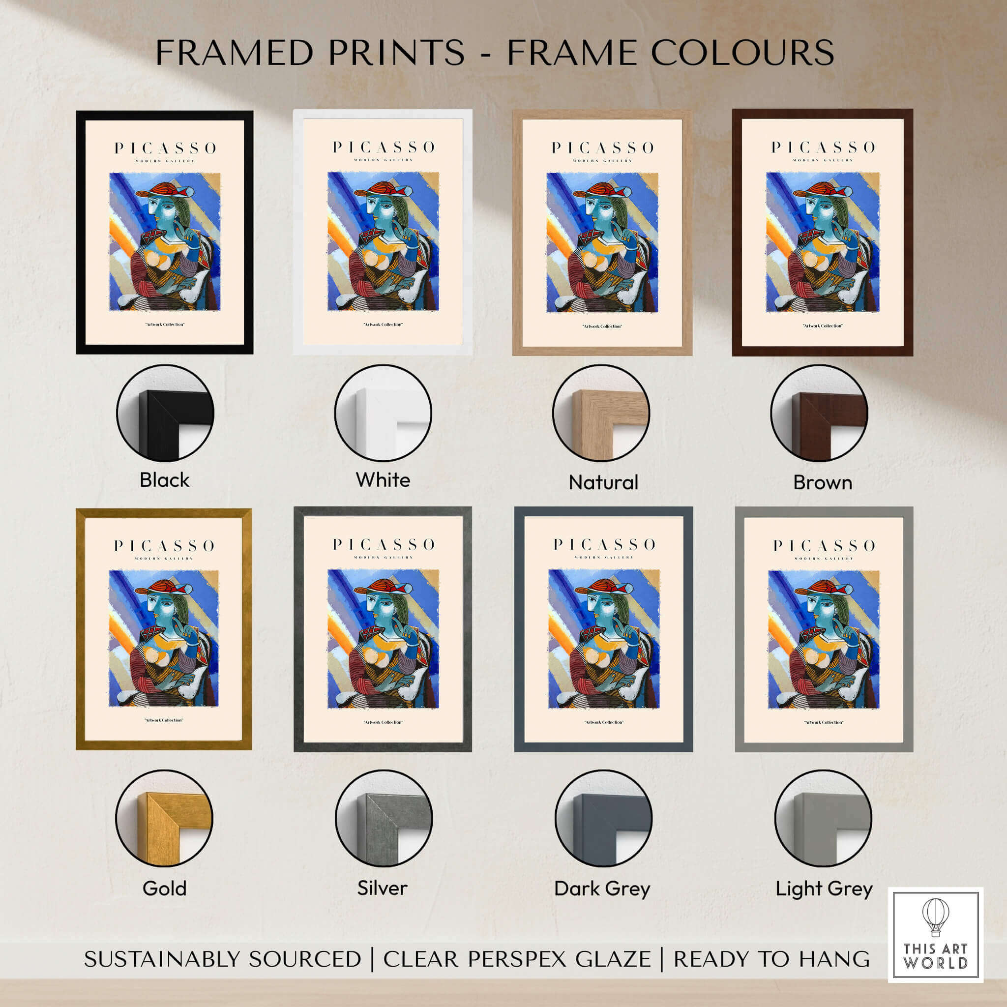 Picasso Woman Red Hat Blue Face Portrait Print Colorful Cubist Poster Artwork Collection framed in various frame colors.