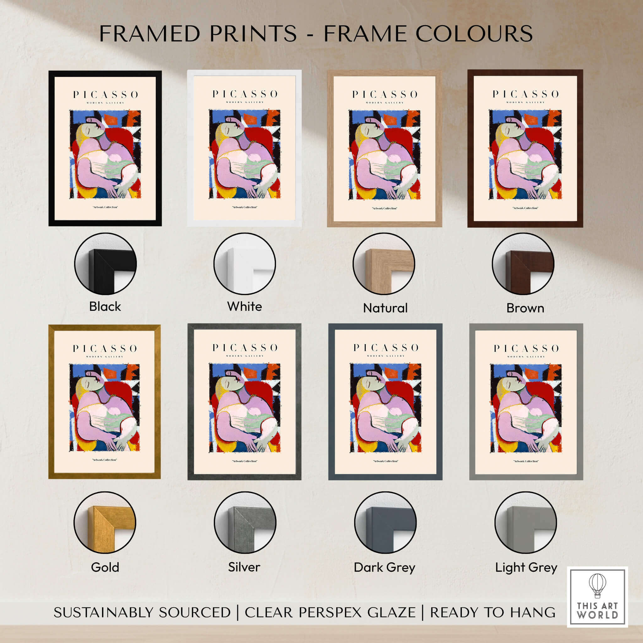 Framed prints in various colors showcasing Picasso Le Rêve Inspired Reclining Woman Art Print Cubist Poster Artwork Collection.
