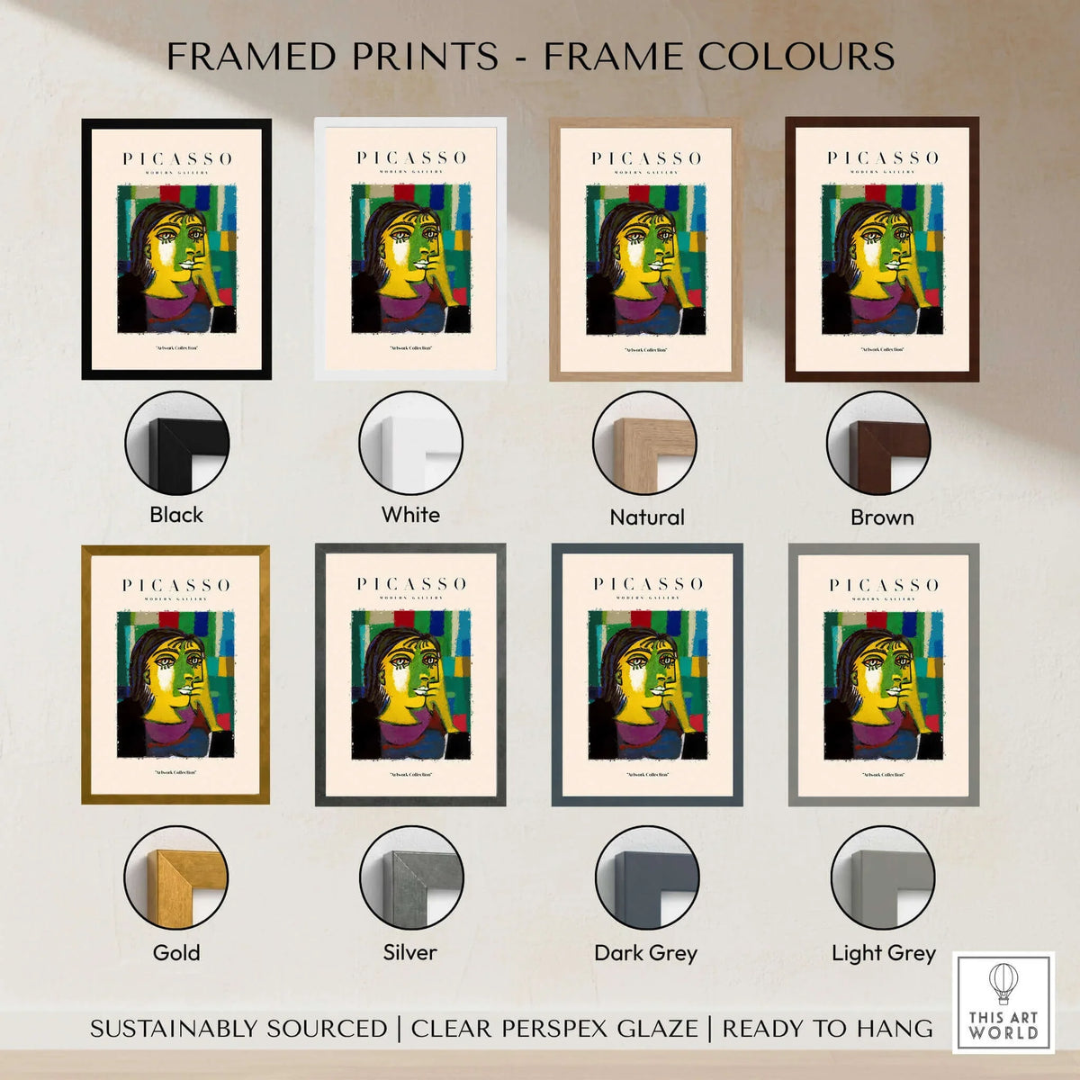 Framed prints in various colors featuring Picasso Contemplative Woman Abstract Art Print Colorful Portrait Poster Artwork Collection.