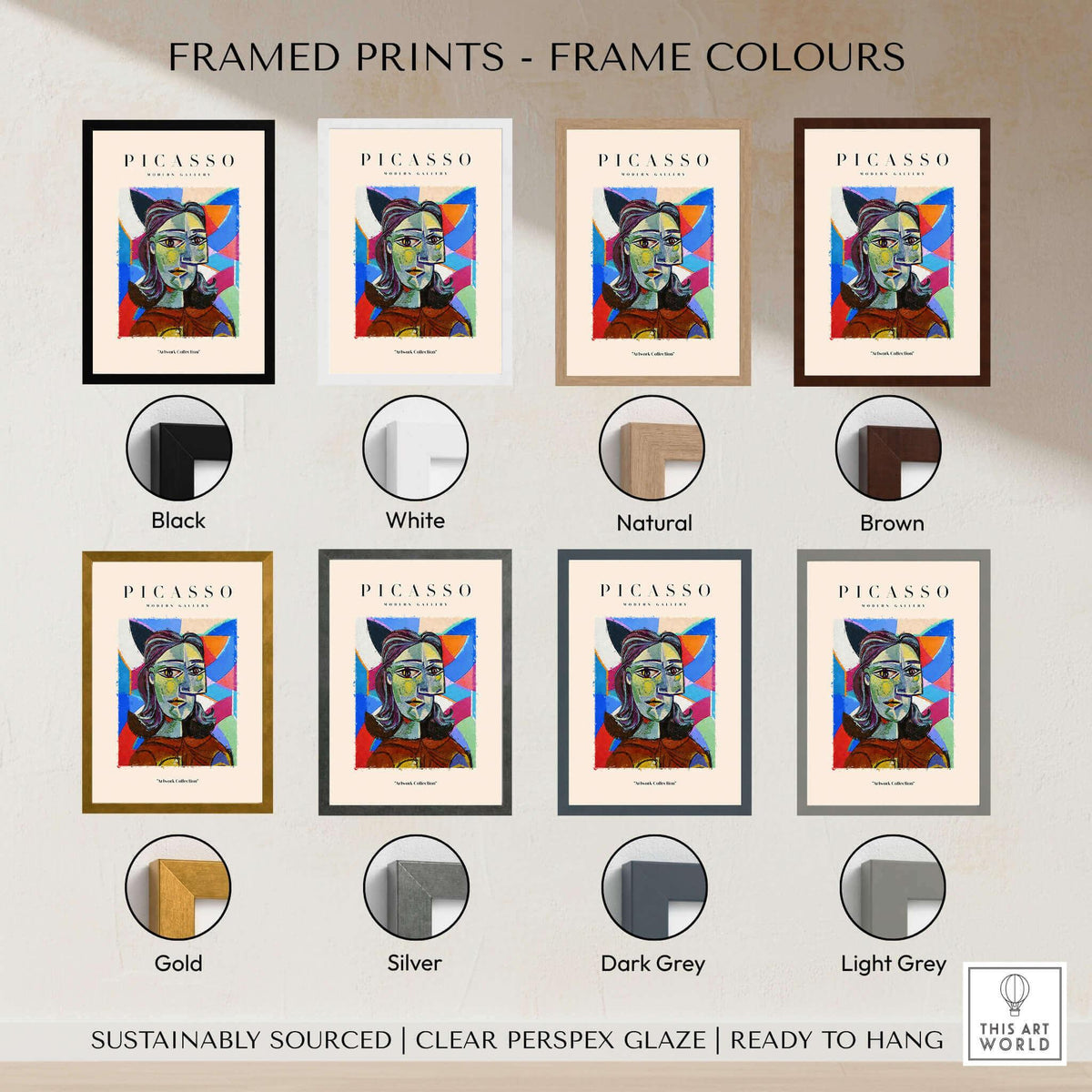 Picasso Woman Portrait Fragmented Abstract Poster Colorful Artwork Print Modern Gallery framed print colour options display