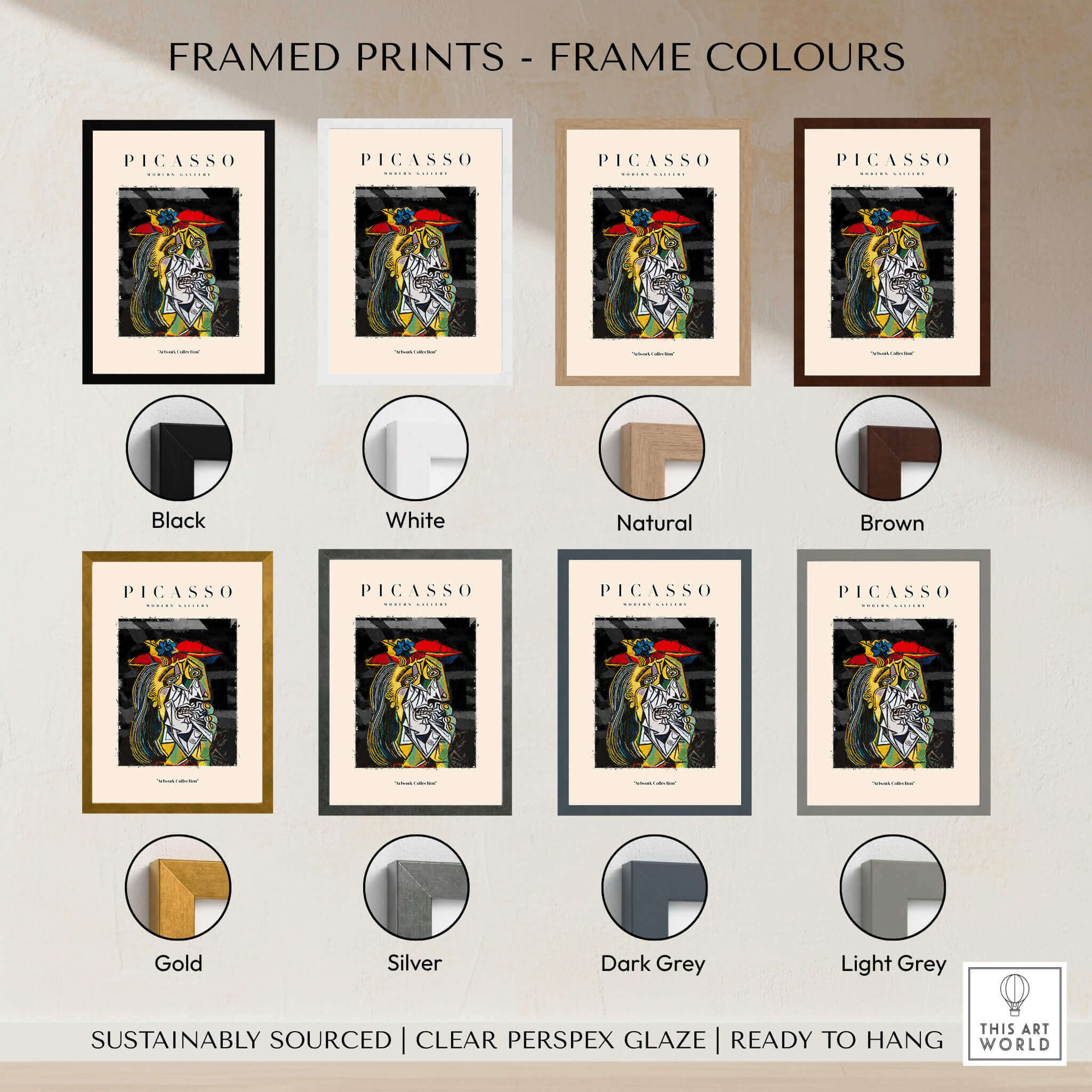 Framed prints of Picasso Weeping Woman Inspired Art Print Abstract Portrait Poster Artwork Collection in various colours.