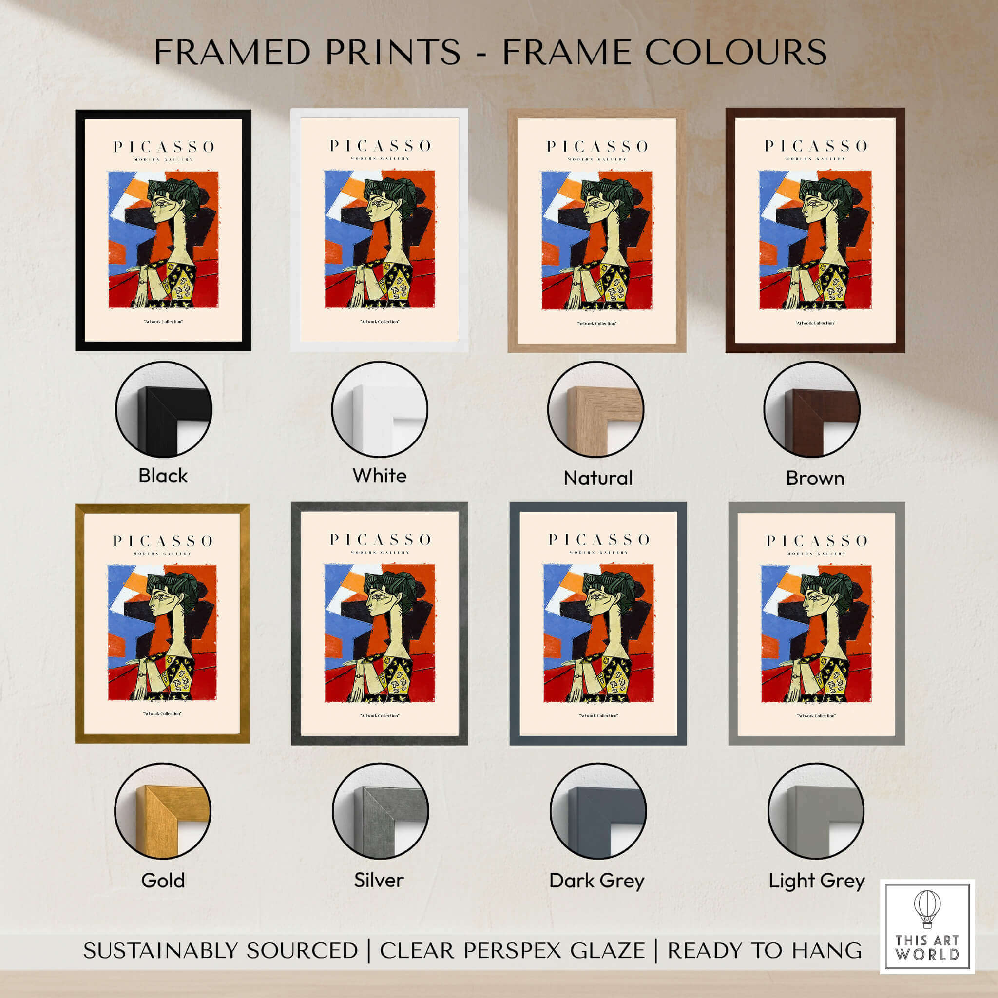 Framed prints showcasing frame colours for Picasso Seated Woman Profile Cubist Art Print Patterned Dress Poster Artwork Collection.