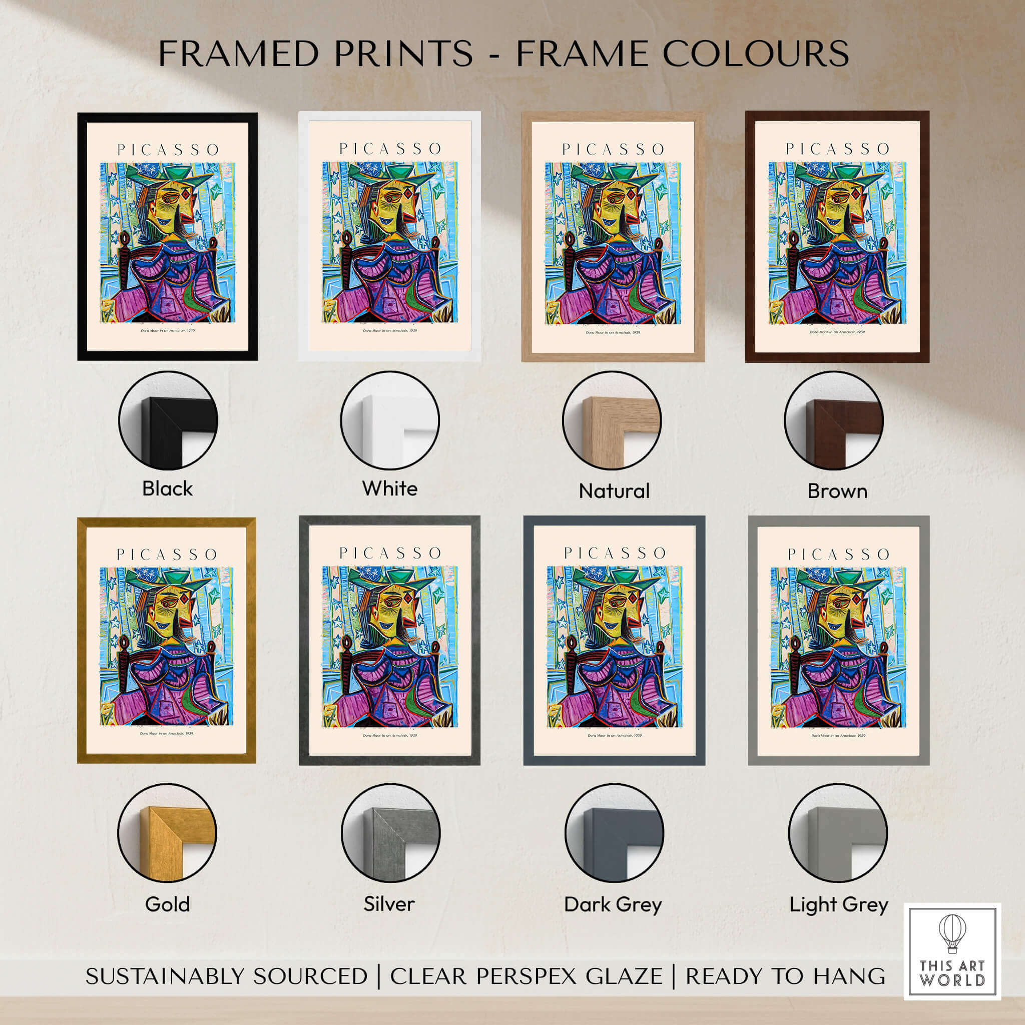 Framed prints of Picasso Dora Maar Armchair 1939 Portrait Print Cubist Seated Woman with various frame colors options.