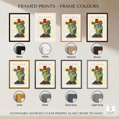 Framed options for Picasso Bust Woman Dora Maar 1938 Portrait Art Print Colorful Cubist Poster Wall Art in various colors.